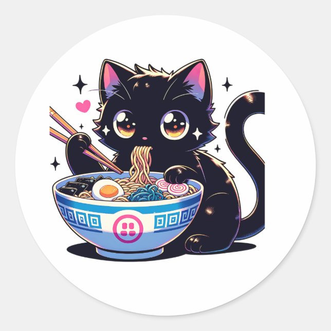 Hungerkatze Schlurping Noodles Runder Aufkleber (Vorderseite)