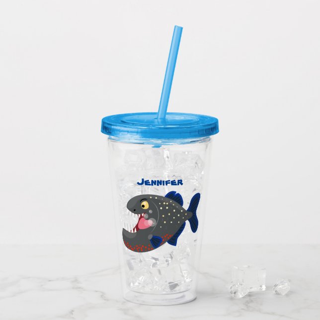 Hungrige lustige Piranha Cartoon Illustration Acryltrinkbecher (Rückseite Ice)
