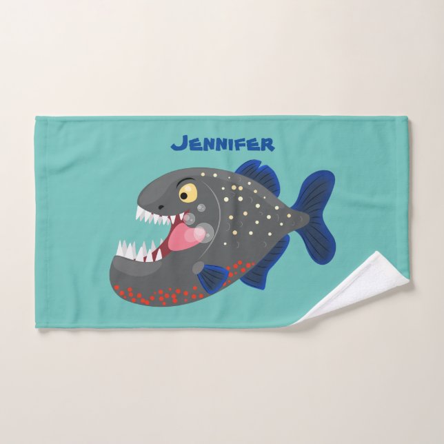 Hungrige lustige Piranha Cartoon Illustration Badhandtuch Set (Handtuch)