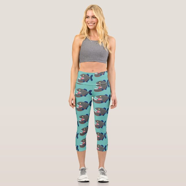 Hungrige lustige Piranha Cartoon Illustration Capri Leggings (Vorderseite)
