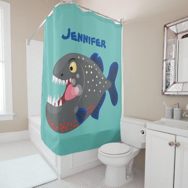 Hungrige lustige Piranha Cartoon Illustration Duschvorhang (Beispiel)