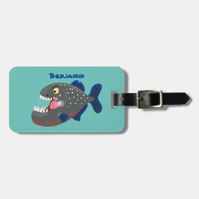 Hungrige lustige Piranha Cartoon Illustration Gepäckanhänger (Vorderseite horizontal)