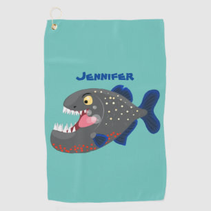 Hungrige lustige Piranha Cartoon Illustration Golfhandtuch