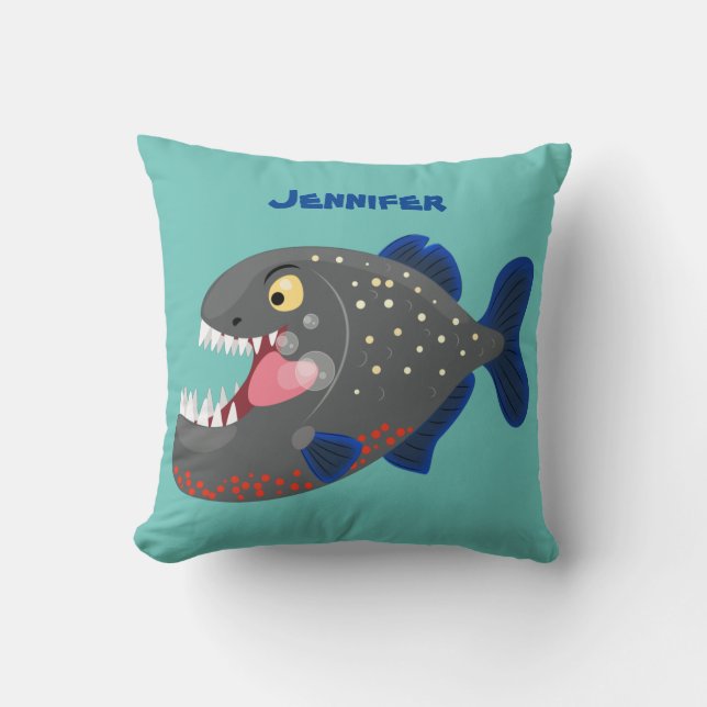 Hungrige lustige Piranha Cartoon Illustration Kissen (Vorderseite)