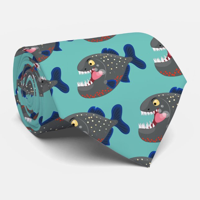 Hungrige lustige Piranha Cartoon Illustration Krawatte (Gerollt)