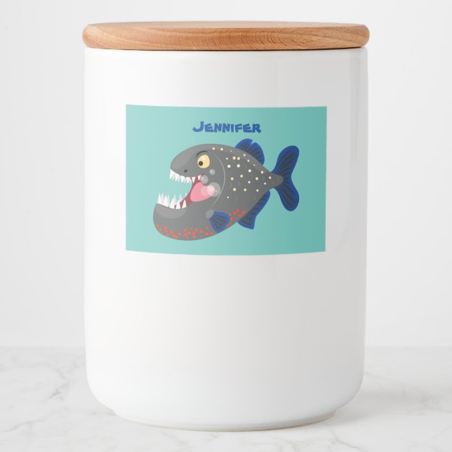 Hungrige lustige Piranha Cartoon Illustration Lebensmitteletikett (Vorderseite)