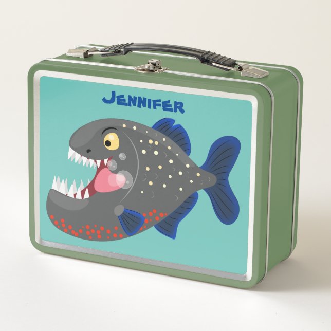 Hungrige lustige Piranha Cartoon Illustration Metall Brotdose (Vorderseite)