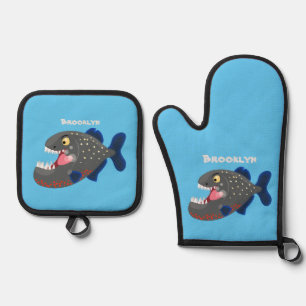 Hungrige lustige Piranha Cartoon Illustration Ofenhandschuh & Topflappen-Set