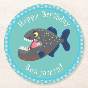 Hungrige lustige Piranha-Cartoon-Illustration Runder Pappuntersetzer