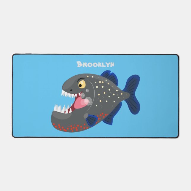 Hungrige lustige Piranha Cartoon Illustration Schreibtischunterlage (Vorderseite)