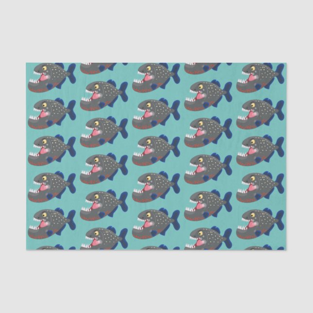 Hungrige lustige Piranha Cartoon Illustration Seidenpapier (Vorderseite)