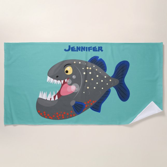 Hungrige lustige Piranha Cartoon Illustration Strandtuch (Vorderseite)