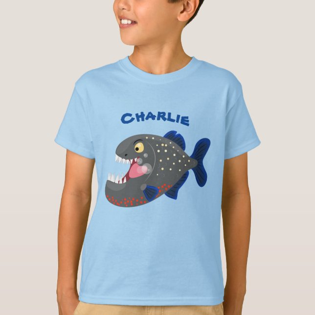 Hungrige lustige Piranha Cartoon Illustration T-Shirt (Vorderseite)