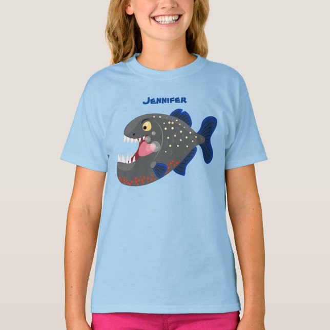 Hungrige lustige Piranha Cartoon Illustration T-Shirt (Vorderseite)
