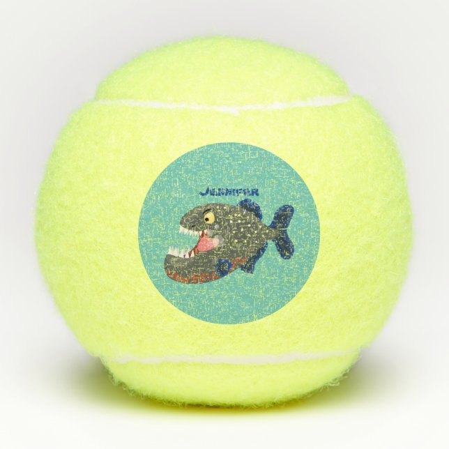 Hungrige lustige Piranha Cartoon Illustration Tennisbälle (Vorderseite)