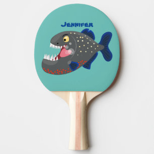Hungrige lustige Piranha Cartoon Illustration Tischtennis Schläger