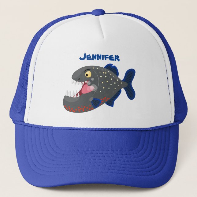 Hungrige lustige Piranha Cartoon Illustration Truckerkappe (Vorderseite)