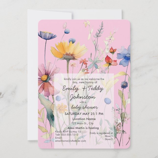 'Hunny' Wildblume Pastel Pink Girl Babydusche Einladung (Vorderseite)