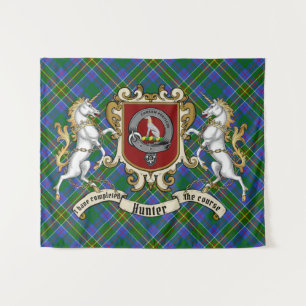 Hunter Clan Abzeichen & Unicorns w/Tartan Wandteppich