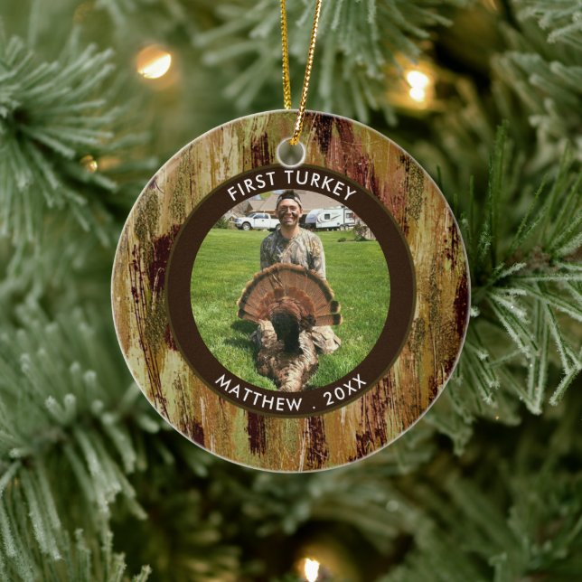 Hunter Erste TÜRKEI Foto Brown Green Personalisier Keramik Ornament (Baum)
