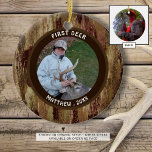 Hunter FIRST DEER Foto Brown Camouflage Keramik Ornament<br><div class="desc">Jägers ERSTER DEER-Ornament personalisiert mit einem Foto und einem Namen/Datum auf der Vorderseite und einem geblasenen Foto auf der Rückseite des abgebildeten Ornament-Stils (beachten Sie, dass alle angebotenen Ornamentstile keine Fotos auf der Rückseite haben). Camouflage Muster. Alle Texte können bearbeitet werden, sodass Sie den Titel nach Belieben ändern können. FOTO...</div>