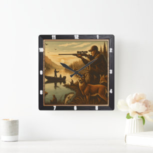 Hunter Fisherman Wildlife Sunset Quadratische Wanduhr