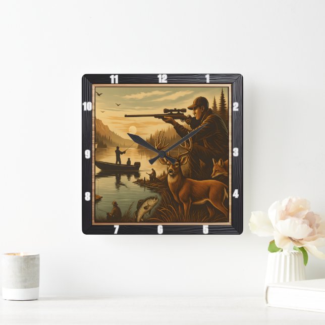 Hunter Fisherman Wildlife Sunset Quadratische Wanduhr (Zuhause)