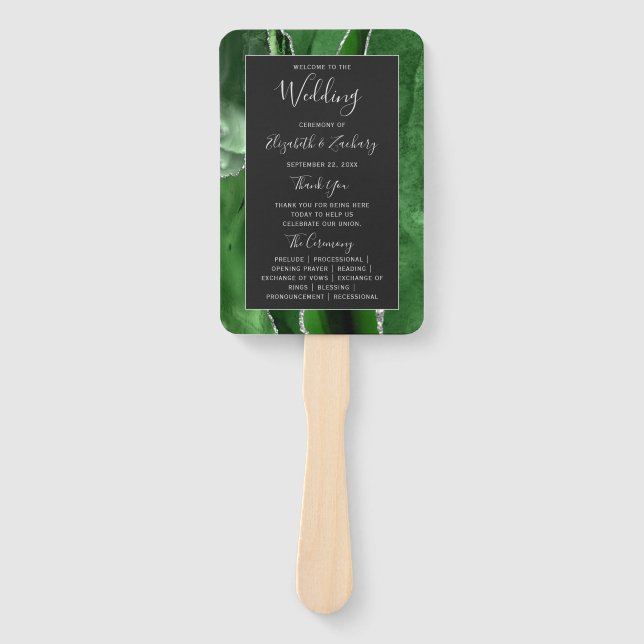 Hunter Green Agate Silver Dark Wedding Program Fächer (Vorderseite)