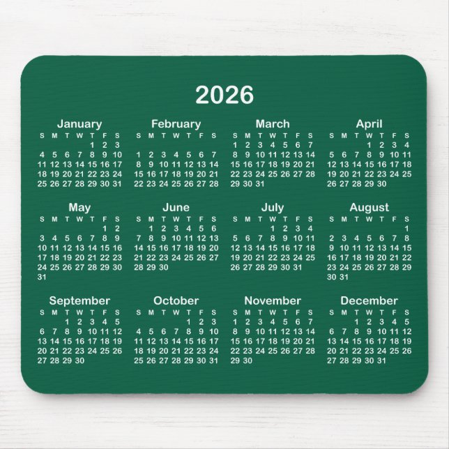 Hunter Green and White 2026 Calendar Mousepad (Vorne)