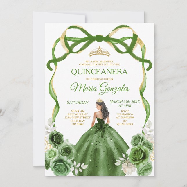 Hunter Green Bow Princess Gold Crown Quinceañera Einladung (Vorderseite)