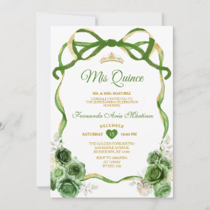 Hunter Green Floral Bow Ribbon Gold Mis Quince Einladung