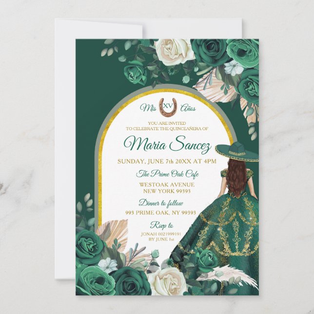 Hunter Green Floral Princess Quinceañera Einladung (Vorderseite)