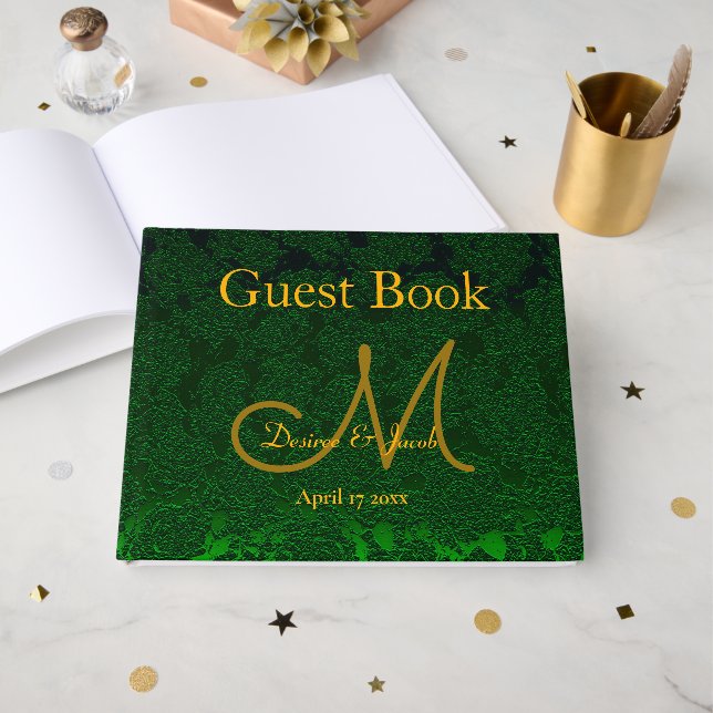 Hunter Green Gold Hochzeitsempfangsmonogramm Gästebuch (Vorderseite Offen)