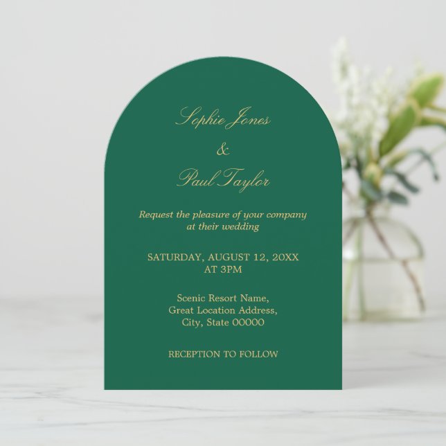 Hunter Green Golden Beige Arch Wedding Einladung (Stehend Vorderseite)