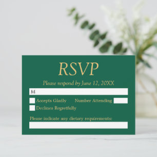 Hunter Green Golden Beige Wedding RSVP Card Karte