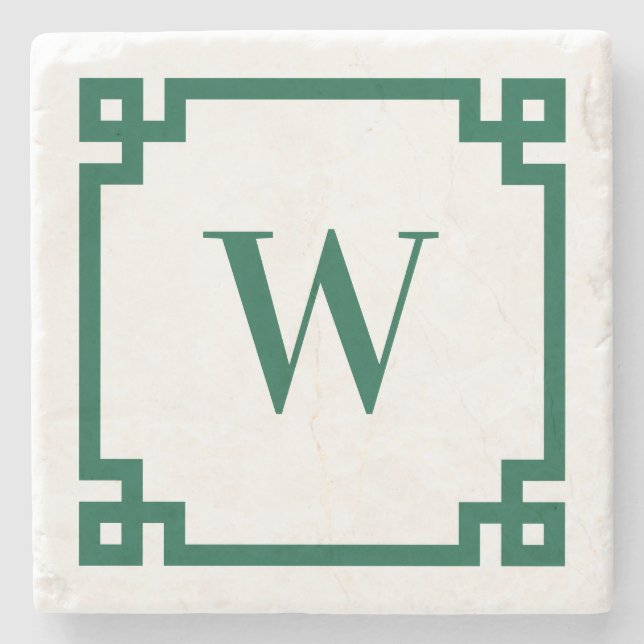 Hunter Green griechische Schlüsselgrenzenmonogramm Steinuntersetzer (Vorderseite)