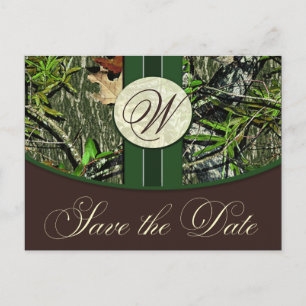 Hunter Green Monogram Camouflage Wedding Save the  Ankündigungspostkarte