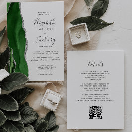 Hunter Green Silver Agate QR Code Hochzeit Einladung
