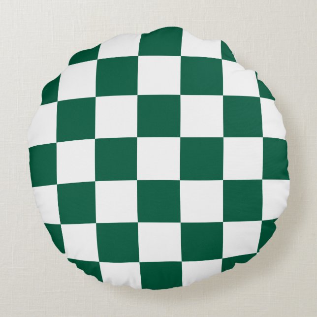 Hunter Green und Weiß Checked Rundes Kissen (Rückseite)