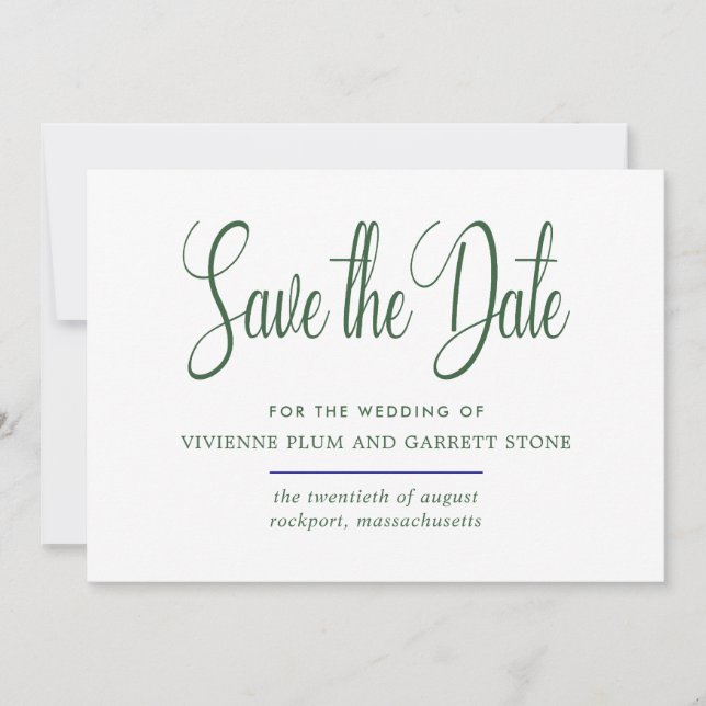 Hunter Green & White Calligraphy Save the Date (Vorderseite)