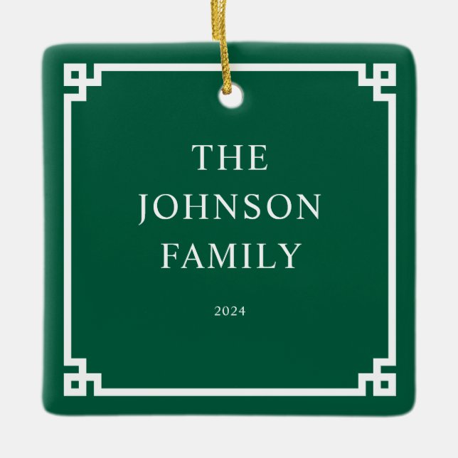 Hunter Green White Greece Key Border Family Foto Keramikornament (Vorderseite)