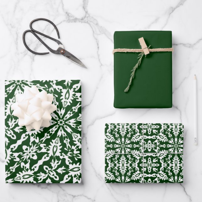 Hunter Green & White Muster Geschenkpapier Set (Vorderseite)