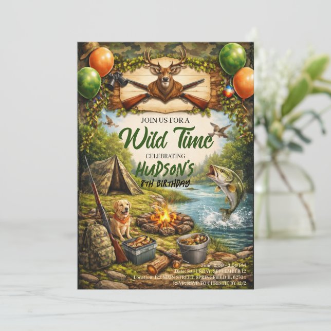 Hunting and Fishing Camo Boy birthday Invitation (Debout devant)