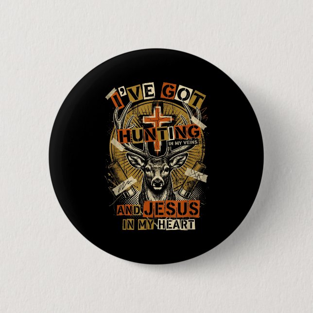 Hunting In My Veins Jesus In Heart Christian Deer  Button (Vorderseite)