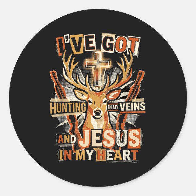 Hunting In My Veins Jesus In Heart Christian Deer  Runder Aufkleber (Vorderseite)