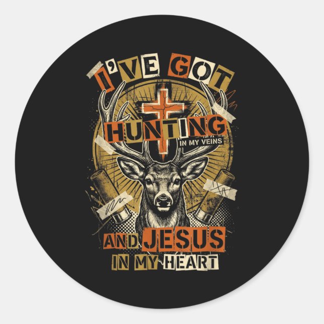 Hunting In My Veins Jesus In Heart Christian Deer  Runder Aufkleber (Vorderseite)