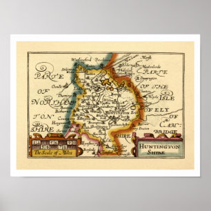 Huntingdonshire Landkreis England Alte antike Kart Poster