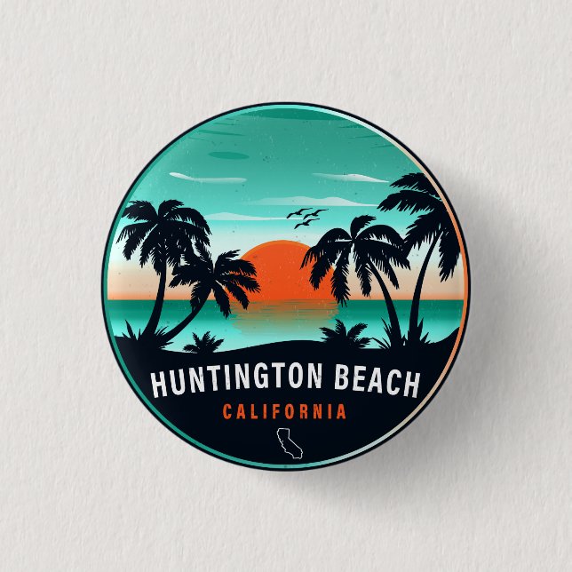 Huntington Beach California Retro Sunset Souvenirs Button (Vorderseite)
