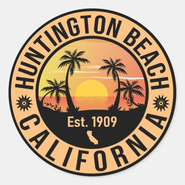 Huntington Beach California Retro Sunset Souvenirs Runder Aufkleber (Vorderseite)