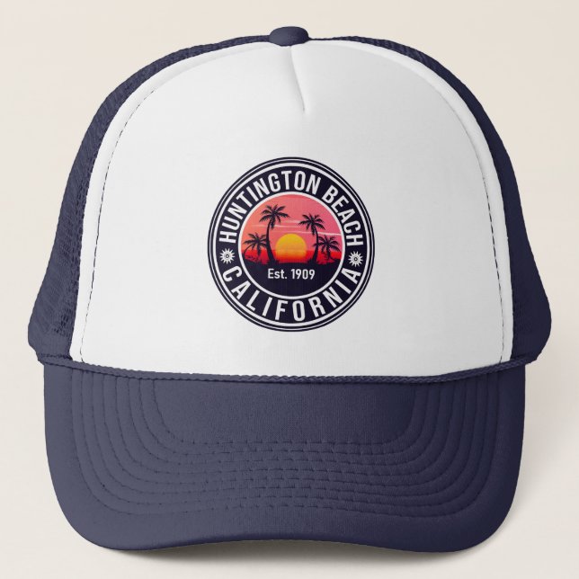 Huntington Beach California Retro Sunset Souvenirs Truckerkappe (Vorderseite)